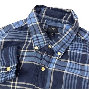 J Crew Shirt Men Medium Navy White Plaid Button Up 100% Linen Casual